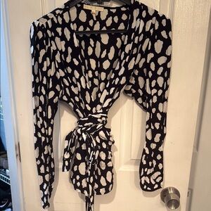 Maje Black and White Tie Front Long Sleeve Blouse